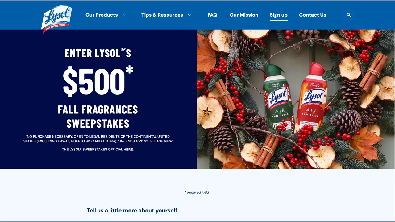 Official Lysol sweepstakes graphic for the Fall Fragrances promotion.