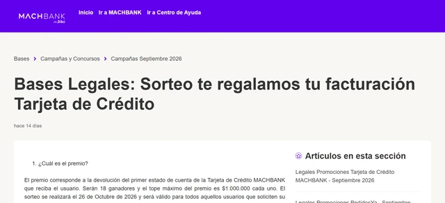 Bases legales de MACHBANK para el sorteo de devolución de la primera facturación de la tarjeta de crédito.