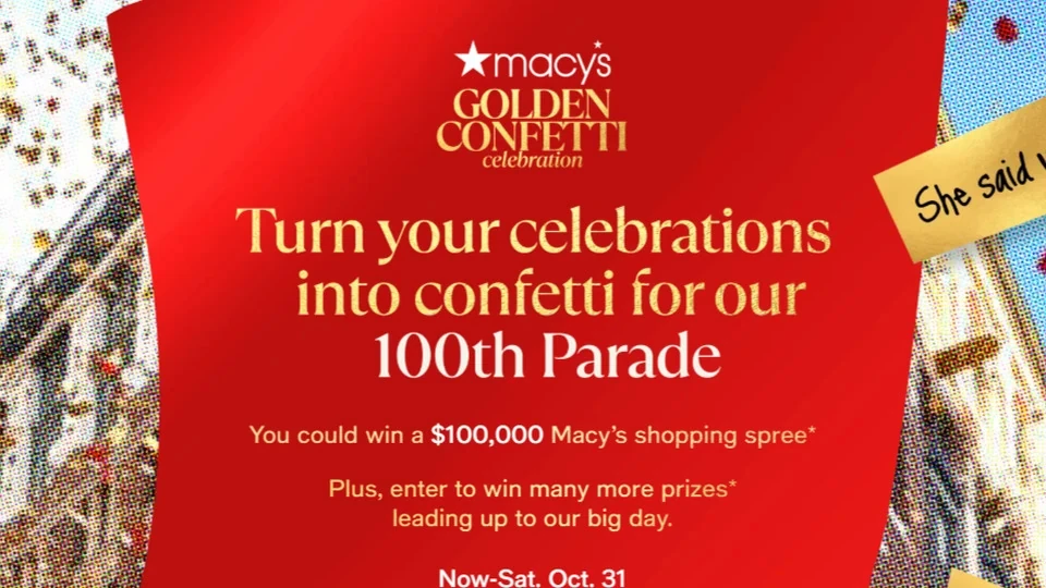 Macy's Golden Confetti 2026 promotion with a $100,000 grand prize and 99 sweepstakes prizes