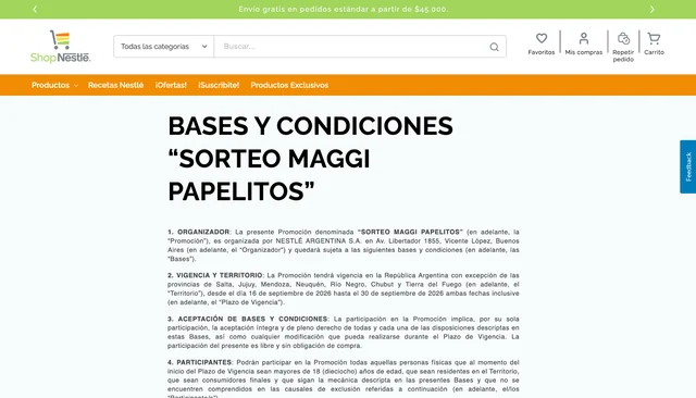 Captura oficial de Shop Nestlé con las bases y condiciones del Sorteo MAGGI Papelitos.