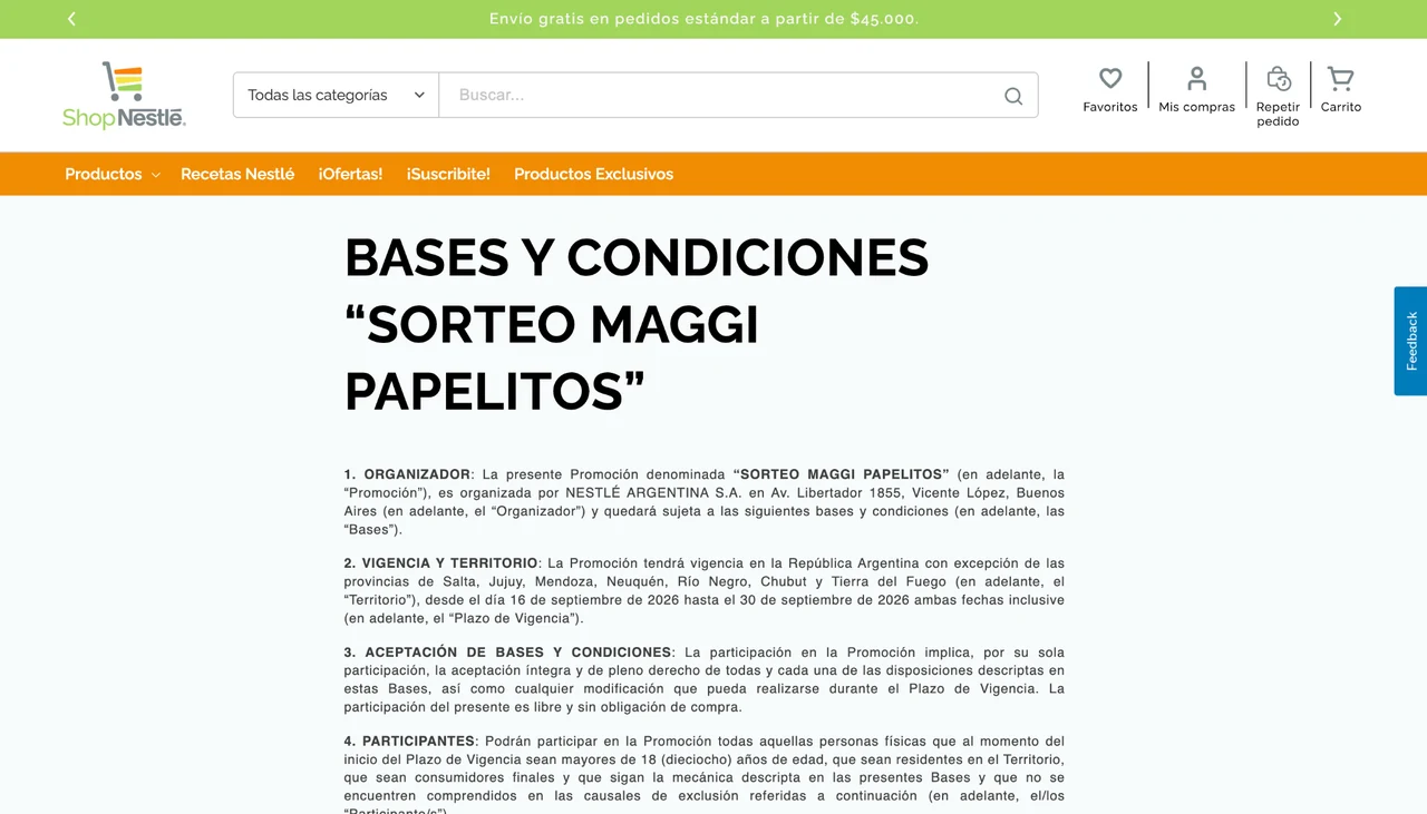 Captura oficial de Shop Nestlé con las bases y condiciones del Sorteo MAGGI Papelitos.