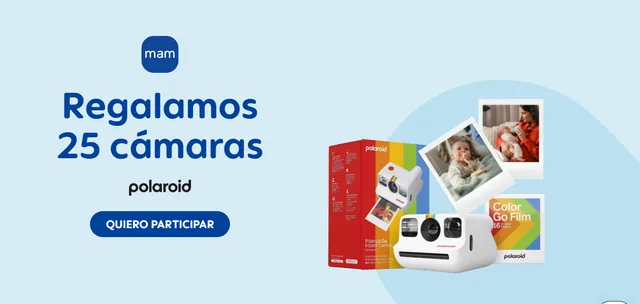 Página oficial de la promoción MAM Baby 50 aniversario con el mensaje «Regalamos 25 cámaras» y una cámara Polaroid.