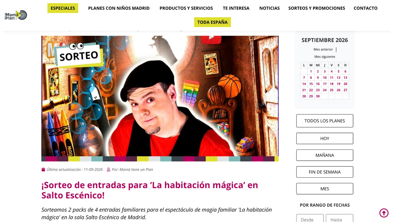 Página oficial del sorteo de entradas para La habitación mágica en Salto Escénico.
