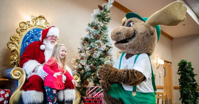 Santa Claus and a smiling child with a costumed moose mascot beside a decorated Christmas tree in a hotel lobby.