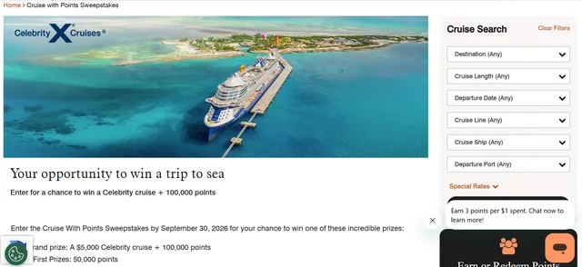 Marriott Bonvoy Cruise with Points sweepstakes page showing a Celebrity Cruises ship and the chance to win a cruise plus 100,000 points