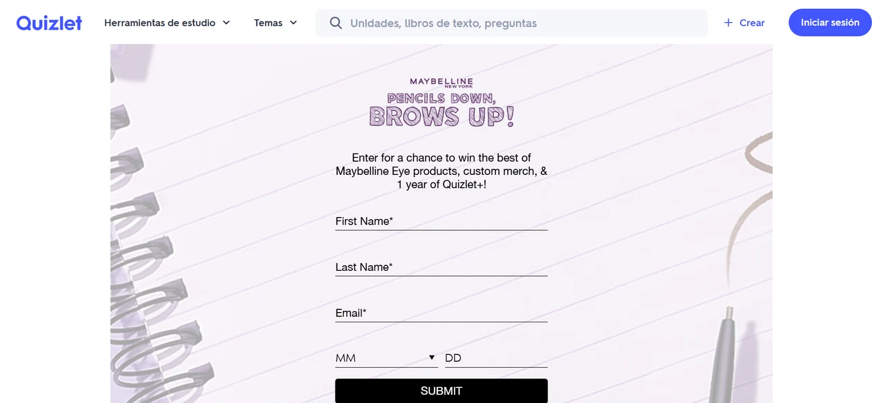 Official Quizlet entry page for Maybelline New York’s Pencils Down, Brows Up sweepstakes.
