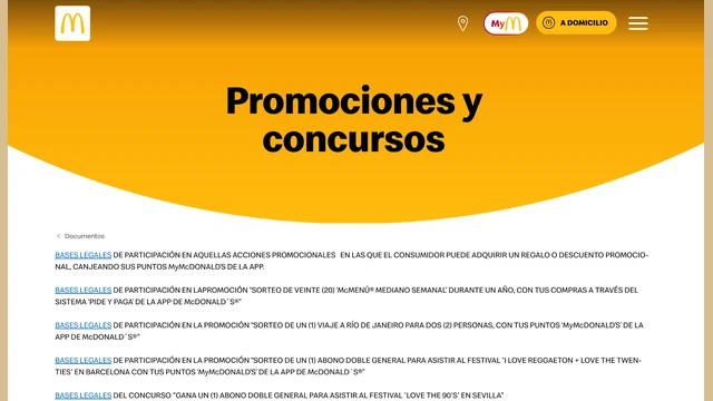 Sorteo McDonald’s McMenú® Mediano semanal durante un año Captura de la página oficial de promociones y concursos de McDonald’s España con el sorteo de McMenú® Mediano semanal durante un año.