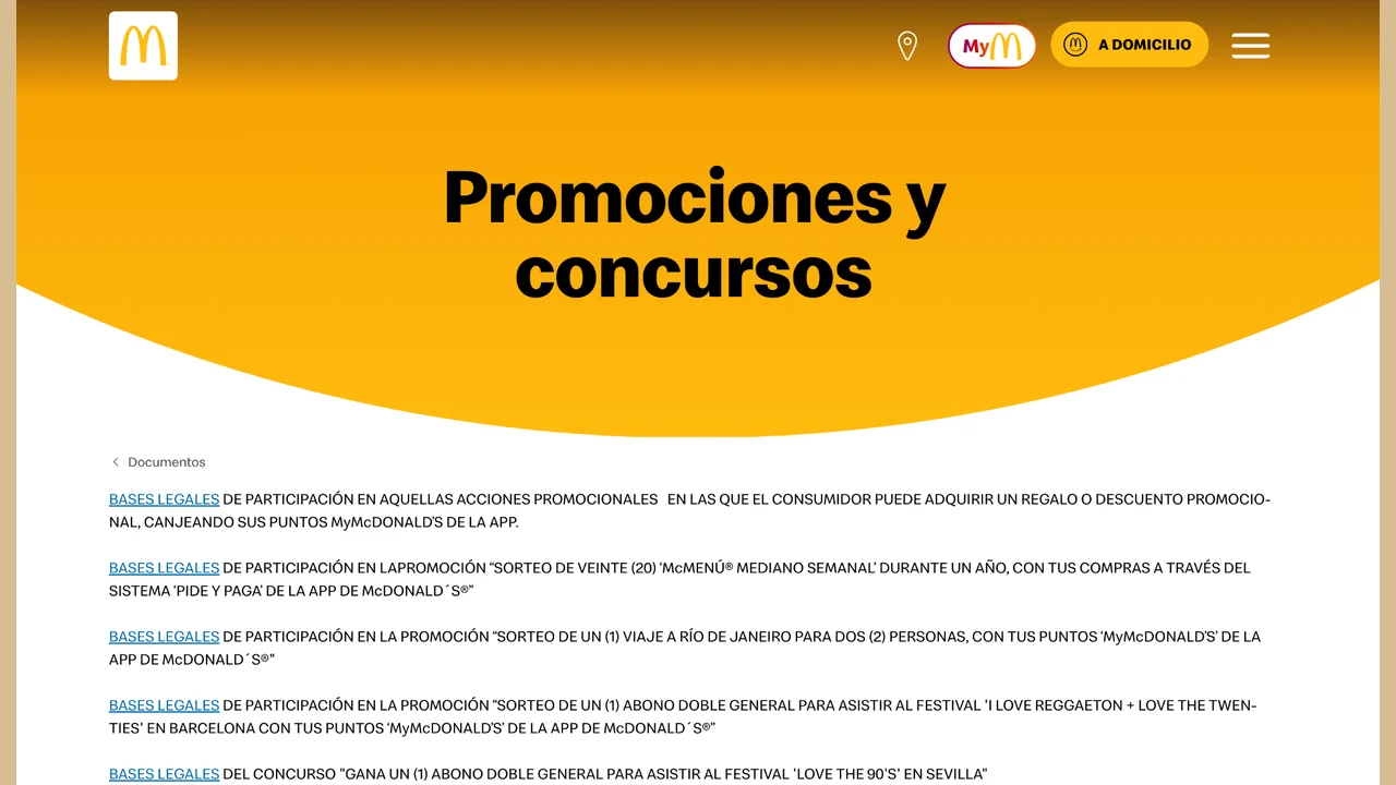 Captura de la página oficial de promociones y concursos de McDonald’s España con el sorteo de McMenú® Mediano semanal durante un año.
