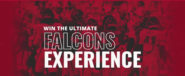 MegaFit Meals sweepstakes page with the headline Win the Ultimate Falcons Experience over a photo of Atlanta Falcons players.