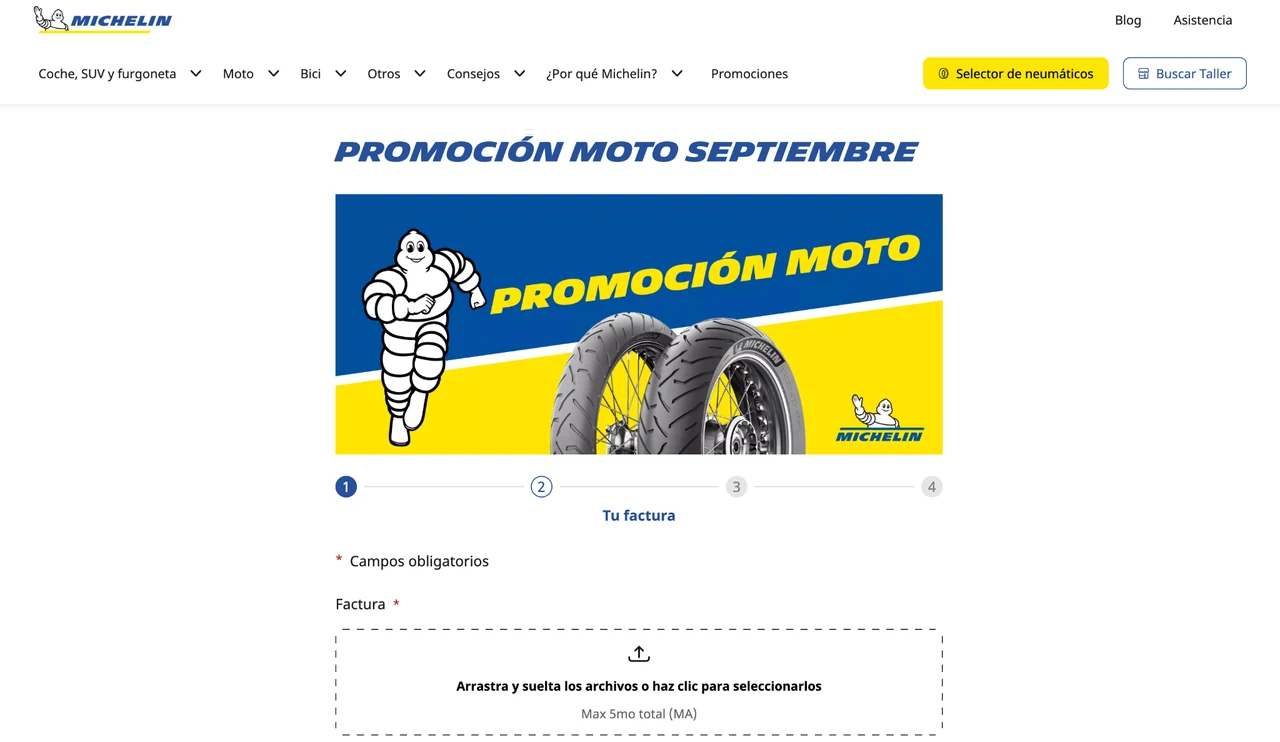 Promoción Michelin Moto septiembre 2026 Página de registro de la promoción Moto de MICHELIN con el visual de neumáticos participantes.