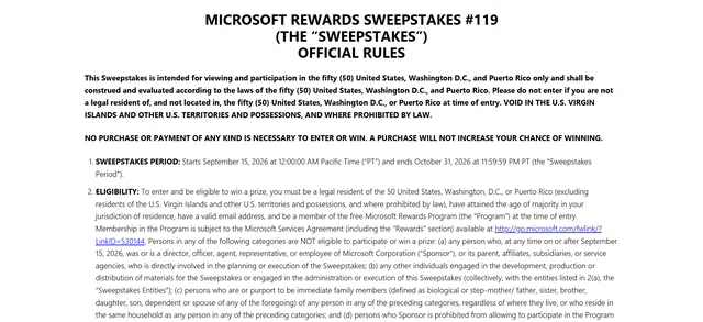 Official rules page for Microsoft Rewards Sweepstakes #119 with the published eligibility and dates.