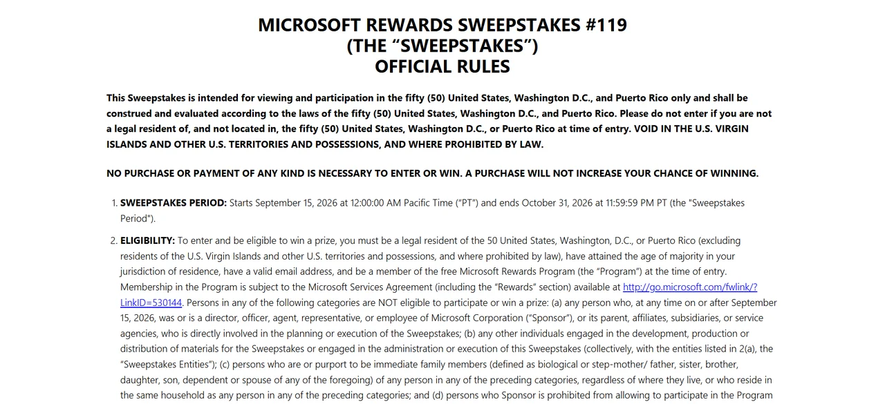 Official rules page for Microsoft Rewards Sweepstakes #119 with the published eligibility and dates.