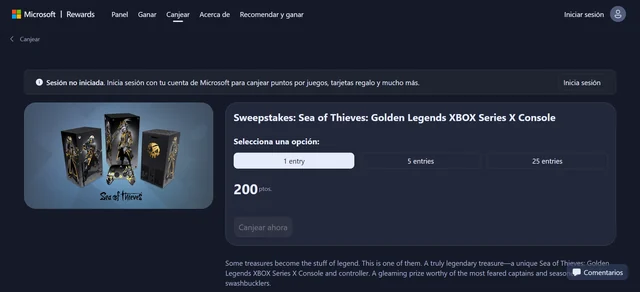 Official Microsoft Rewards sweepstakes page for the Sea of Thieves Golden Legends Xbox Series X console prize.