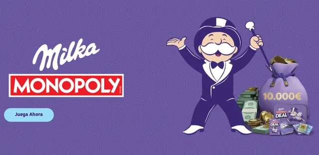 Página oficial de Milka Monopoly con el logotipo de la promoción, un saco de 10.000 € y los juegos Monopoly Deal.