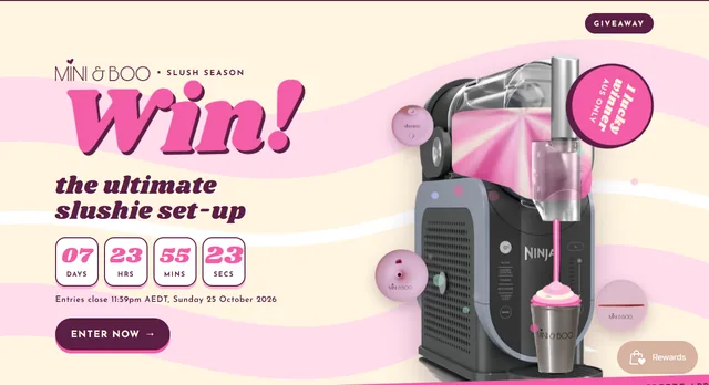 Mini & Boo giveaway page with a pink "Win!" headline, the text "the ultimate slushie set-up" and a Ninja SLUSHi machine.