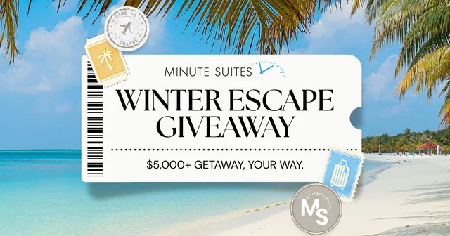 Minute Suites Winter Escape Giveaway artwork with a boarding pass design on a tropical beach and the text 5,000 plus dollar getaway, your way.