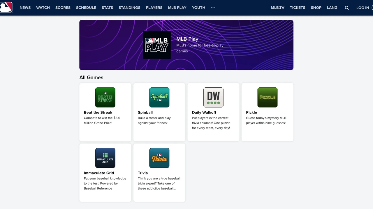 MLB Spinball 2026 on MLB Play MLB Play page showing the Spinball game among MLB free-to-play games