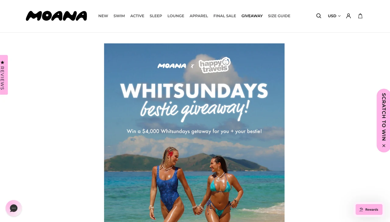 Official Moana Bikini giveaway page promoting the Whitsundays Bestie Giveaway with the travel prize for two.