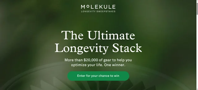 Official Molekule Longevity Sweepstakes landing page promoting the Ultimate Longevity Stack.