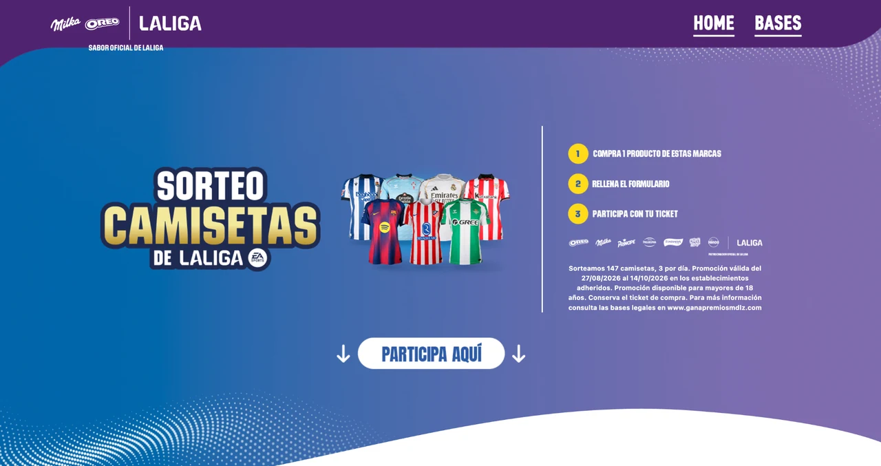 Pantalla oficial de la promoción de Mondelēz y LaLiga para ganar camisetas de clubes registrando un ticket de compra.