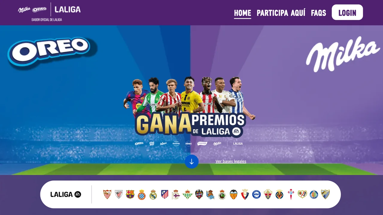 La Liga con Más Sabor 2026: premios LALIGA y Reto OREO Página oficial de La Liga con Más Sabor con OREO, Milka y jugadores de LALIGA promocionando premios de la campaña