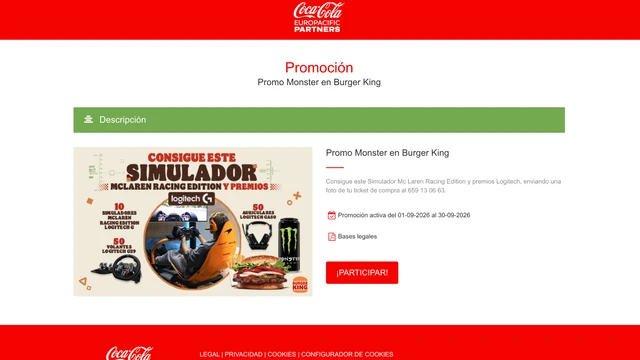 Monster x Burger King 2026: simuladores McLaren y Logitech Captura de la promoción Monster en Burger King con simulador McLaren Racing Edition y premios Logitech