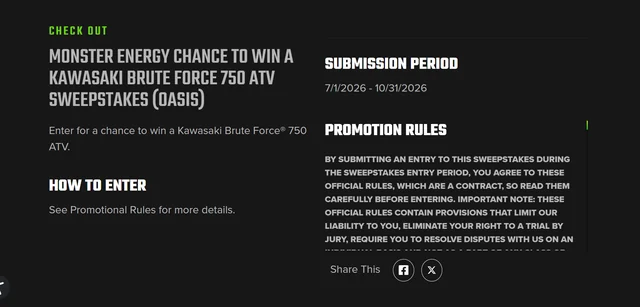 Monster Energy official sweepstakes page for the Kawasaki Brute Force 750 ATV promotion