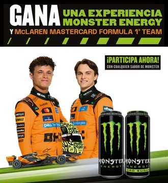 Promoción Monster Energy x McLaren 2026 con pilotos de McLaren y latas Monster