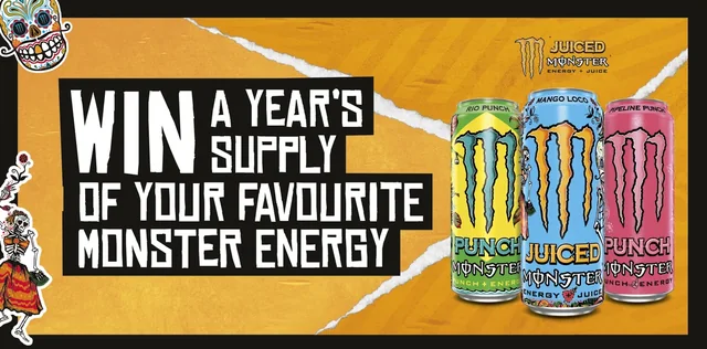 Official Monster Energy campaign image promoting the chance to win a year’s supply of Monster Energy.