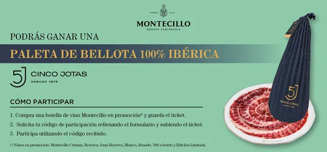 Cartel de la promoción de Montecillo con el mensaje «Podrás ganar una paleta de bellota 100 % ibérica» y los pasos para participar.
