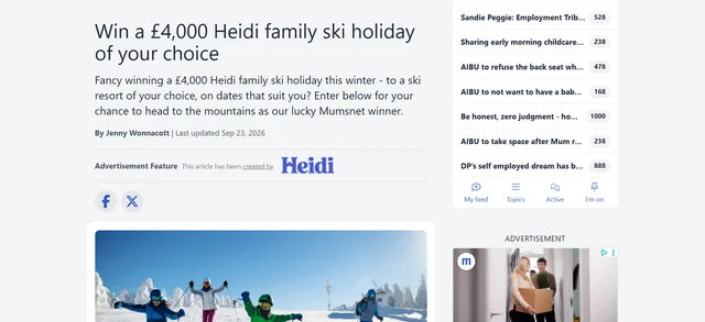 Official Mumsnet article promoting a chance to win a £4,000 Heidi family ski holiday.