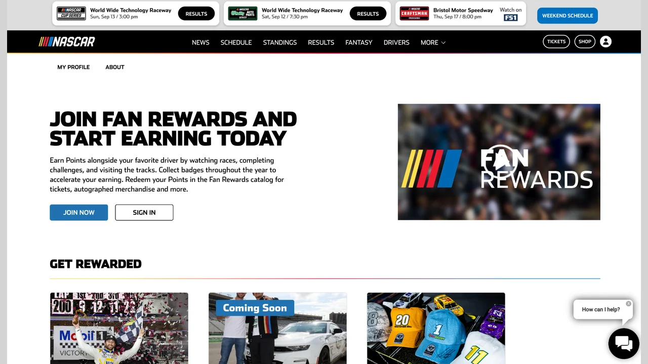 NASCAR Fan Rewards page showing the program and rewards entry environment.