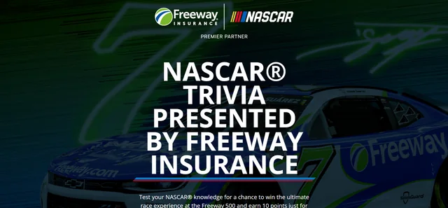 NASCAR Freeway Insurance Trivia Sweepstakes 2026 Official NASCAR trivia campaign presented by Freeway Insurance with race car artwork