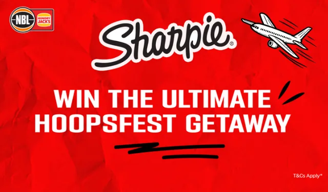 NBL and Sharpie banner reading Win the Ultimate HoopsFest Getaway, with a paper aeroplane on a red background.