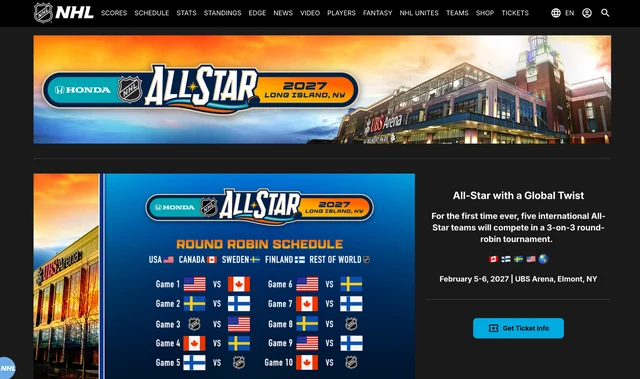 Official NHL All-Star page featuring the 2027 Honda NHL All-Star branding and event imagery.