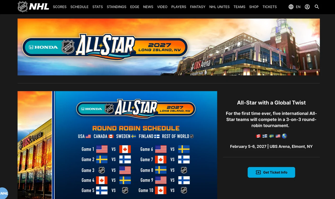 Official NHL All-Star page featuring the 2027 Honda NHL All-Star branding and event imagery.