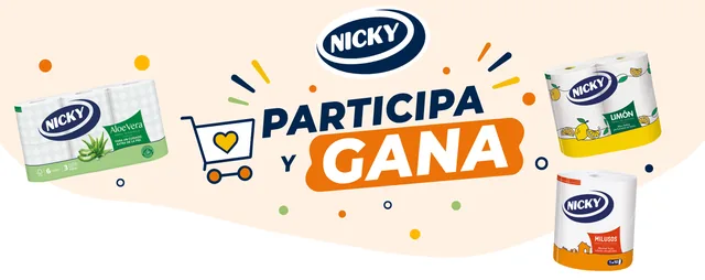 Banner de la promoción Nicky «Participa y gana» con los logotipos de la marca y varios paquetes de papel higiénico y de cocina.