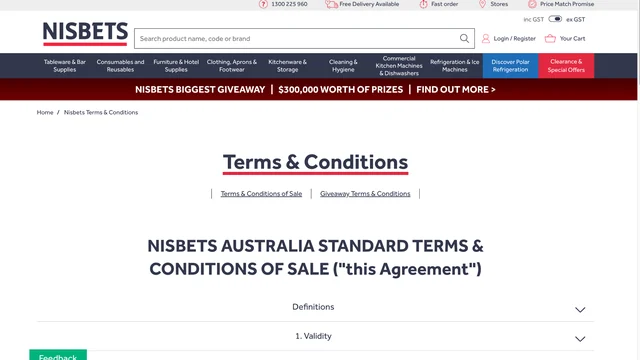 Official Nisbets Australia terms page with the giveaway banner and promotional context for the Biggest Giveaway Ever campaign.