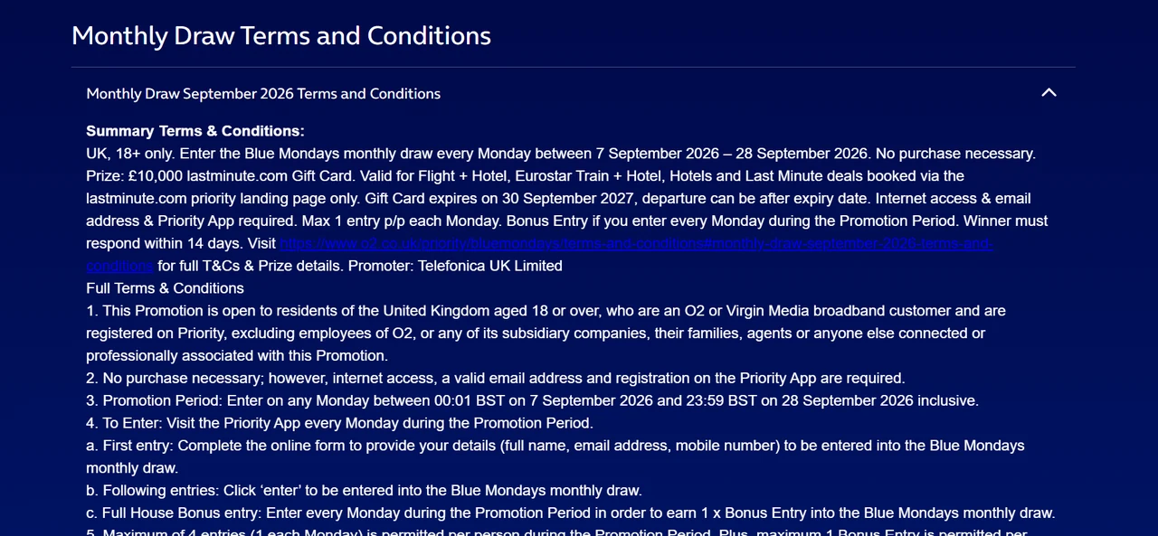 O2 Blue Mondays September 2026 monthly draw O2 Blue Mondays September 2026 monthly draw terms showing the £10,000 lastminute.com gift card prize