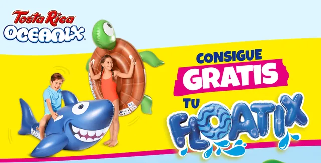 Página oficial de la promoción Oceanix Floatix con el mensaje «Consigue gratis tu Floatix», un flotador de tiburón y otro de tortuga.
