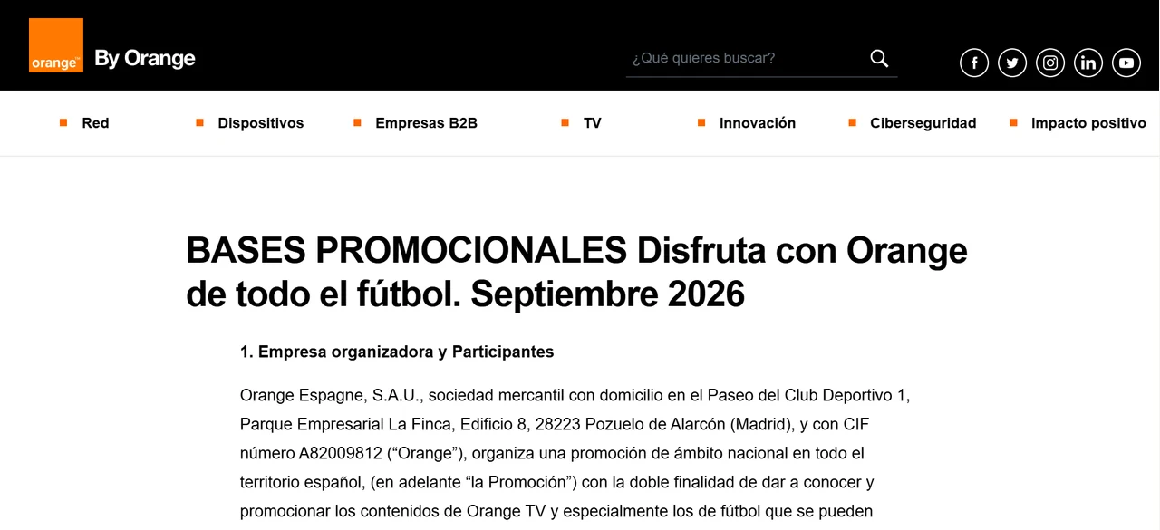 Página oficial de Orange con las bases promocionales de Disfruta con Orange de todo el fútbol, septiembre de 2026.