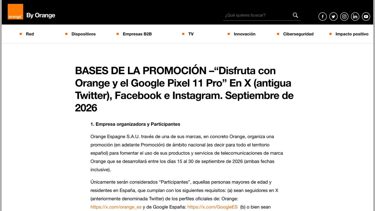 Bases oficiales de la promoción de Orange y Google para ganar un Google Pixel 11 Pro XL en septiembre de 2026.
