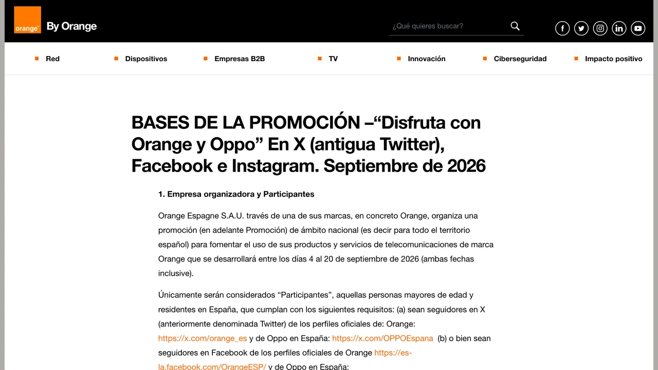 Bases oficiales de la promoción de Orange y OPPO para regalar un OPPO Reno16 F 5G en septiembre de 2026.