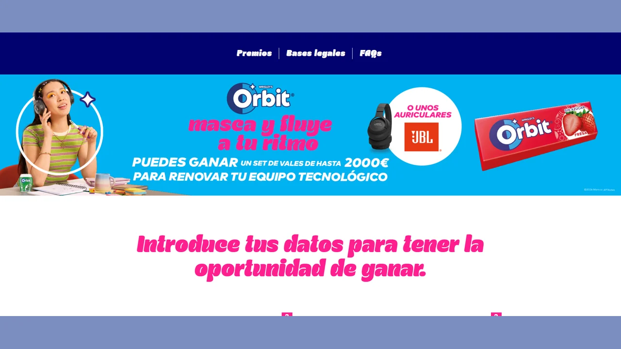 Landing oficial de Orbit “Masca y fluye a tu ritmo” con premio de 2.000 € en tecnología y auriculares JBL.