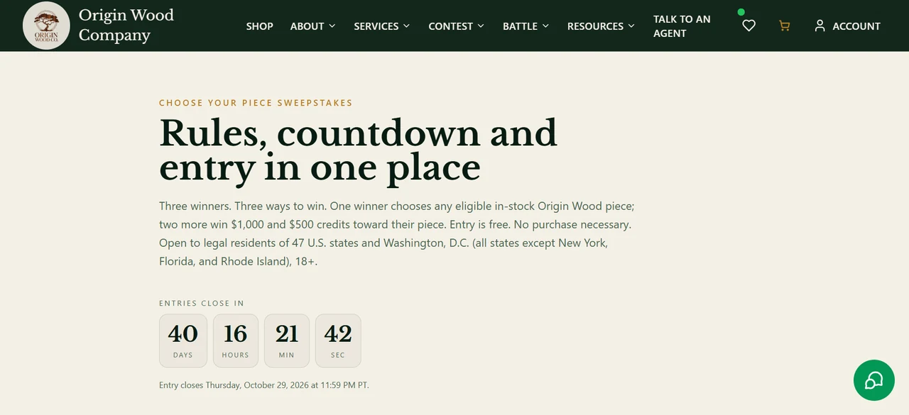 Origin Wood Choose Your Piece Sweepstakes 2026 Official Origin Wood Company sweepstakes page for the Choose Your Piece promotion.