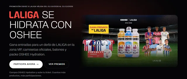 Página oficial de la promoción OSHEE x LALIGA con el mensaje «LALIGA se hidrata con OSHEE», botellas, camisetas, un balón y una entrada VIP.