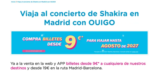 Página oficial de OUIGO para la campaña Viaja al concierto de Shakira en Madrid con OUIGO.