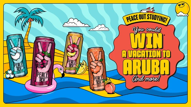 Peace Tea Back to School Contest artwork with Peace Tea cans and a chance to win a vacation to Aruba