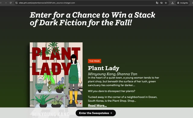 Penguin Random House September Social 2026 page inviting entrants to win a stack of dark fiction for the fall.