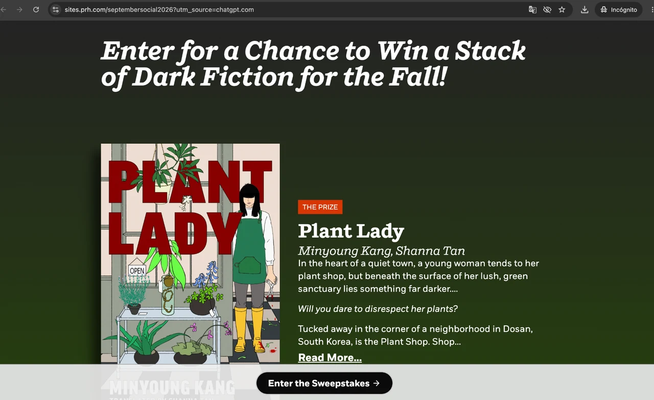 Penguin Random House September Social 2026 page inviting entrants to win a stack of dark fiction for the fall.